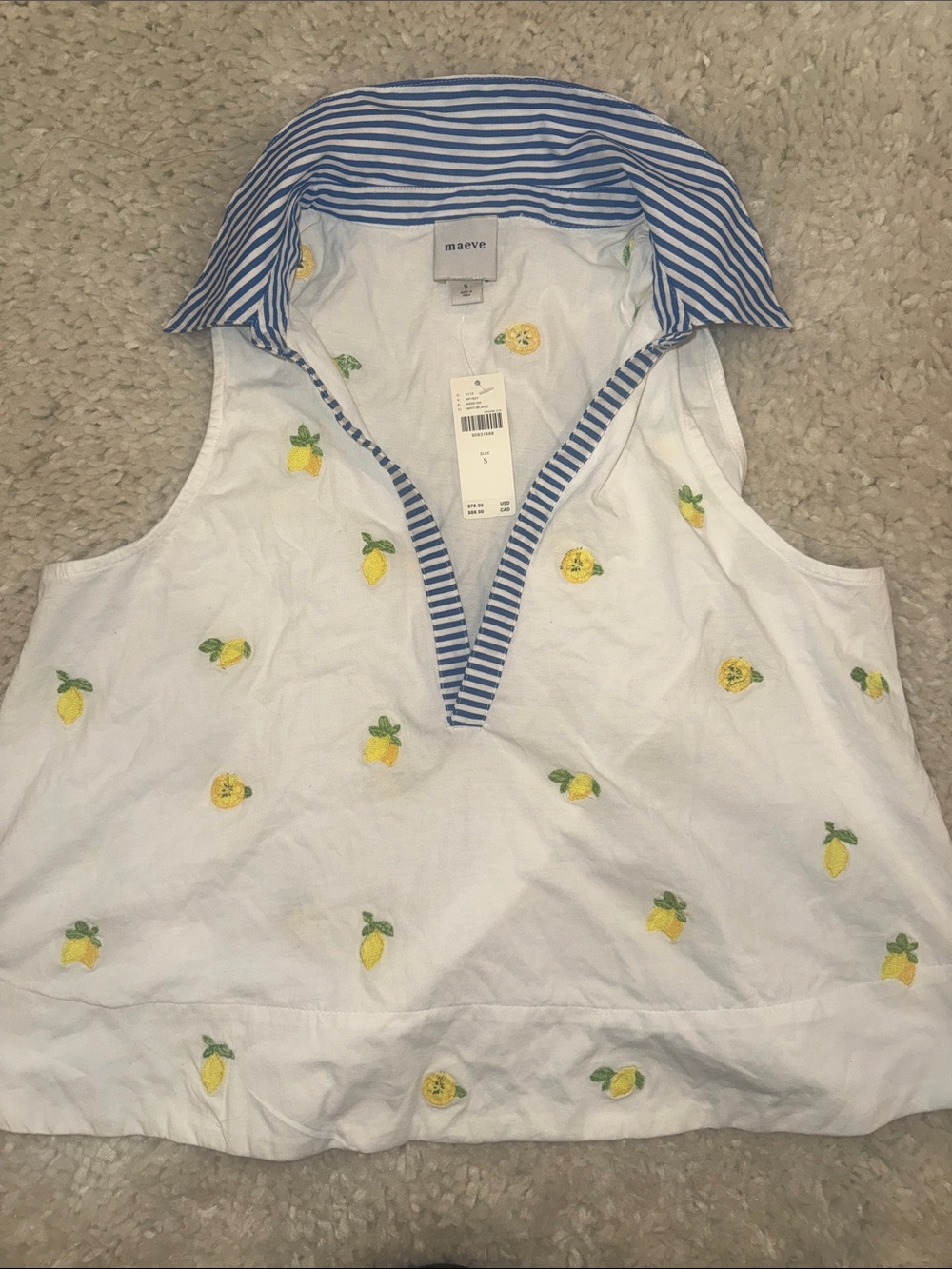 Anthro. White Sleeveless Tank with Yellow Lemon Embroidery & Blue-Striped Collar